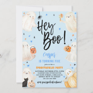 Invitación Hey Boo Blue Halloween Cute Fantasma Boy Cumpleaño
