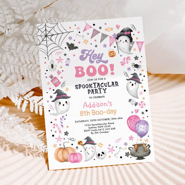 Invitación ¡Hey Boo! Chica Fantasma Rosa Lilac Halloween (Subido por el creador)
