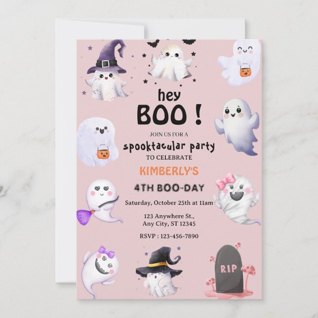 Invitación ¡Hey Boo! Chica Fantasma Rosa Lilac Halloween (Anverso)