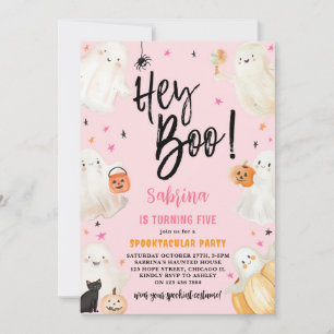 Invitación Hey Boo Chica rosado Halloween Spooktacular Cumple