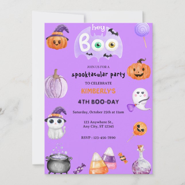 Invitación ¡Hey Boo! Cumpleaños de los chicos fantasma morado (Anverso)