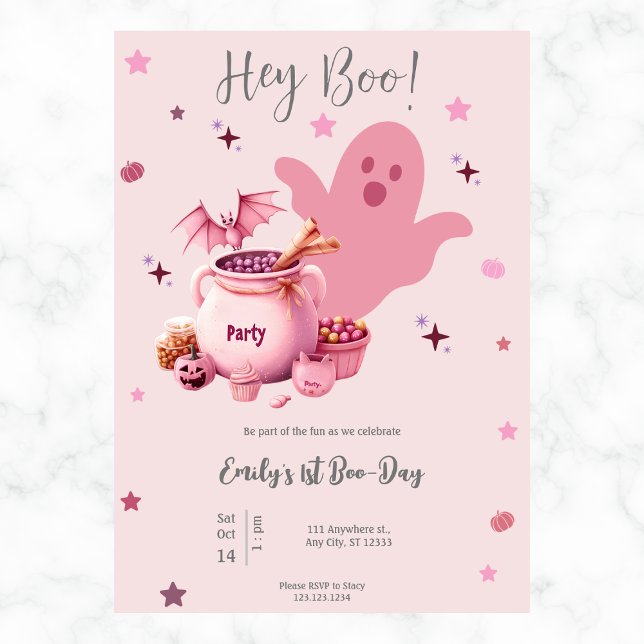 Invitación Hey Boo Cute Ghost Halloween Primer cumpleaños Ros (Subido por el creador)