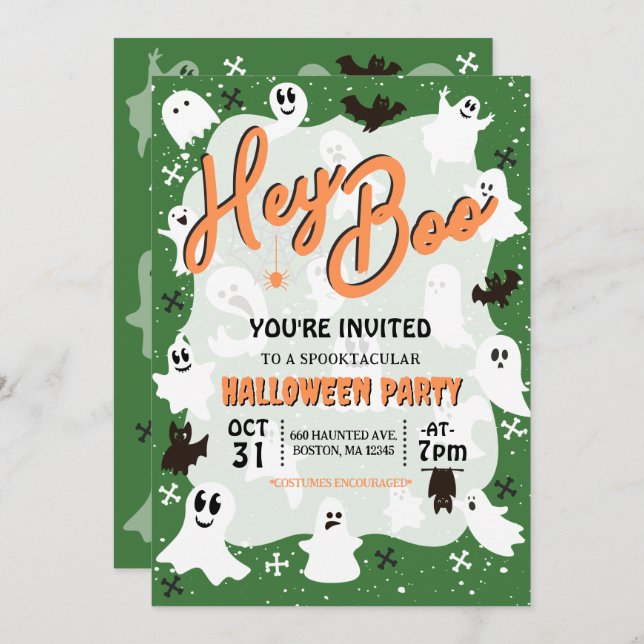 Invitación Hey Boo Cute Spooky Ghost Halloween Party (Anverso / Reverso)
