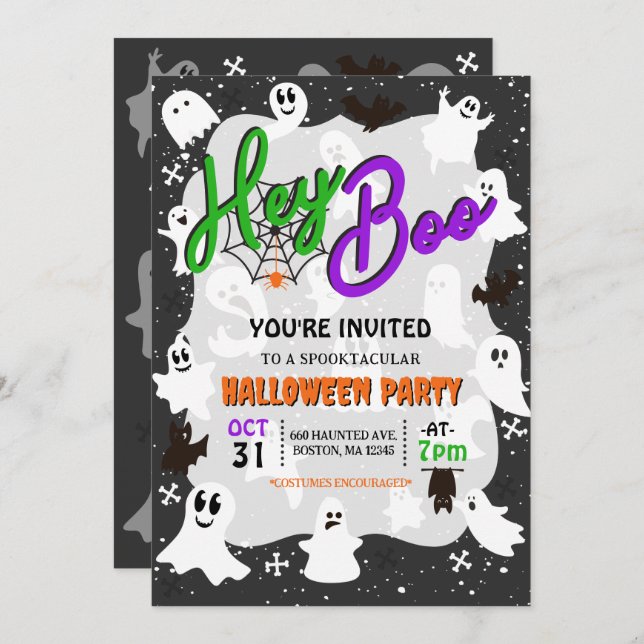 Invitación Hey Boo Cute Spooky Ghost Halloween Party (Anverso / Reverso)