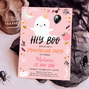 Invitación Hey Boo Fantasma Rosa Halloween Cumpleaños