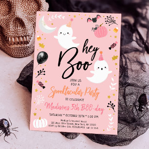 Invitación Hey Boo Fantasma Rosa Halloween Cumpleaños