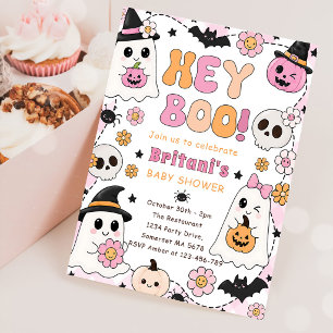 Invitación Hey Boo fiesta de bebé rosa
