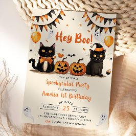 Invitación ¡Hey Boo! Fiesta de cumpleaños de Black Cat Hallow