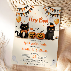 Invitación ¡Hey Boo! Fiesta de cumpleaños de Black Cat Hallow