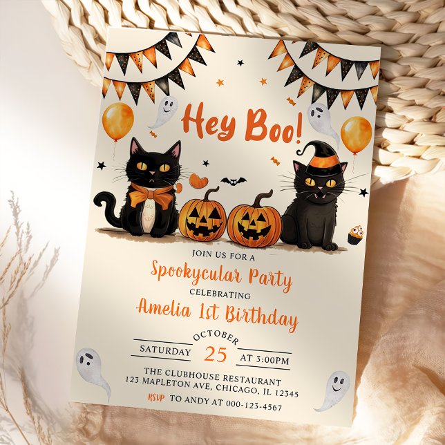Invitación ¡Hey Boo! Fiesta de cumpleaños de Black Cat Hallow (Subido por el creador)
