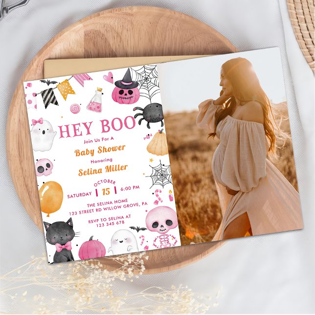Invitación ¡Hey Boo! Foto de Baby Shower de Halloween rosa (Subido por el creador)