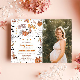 Invitación Hey Boo Groovy Halloween Cute Fantasma Baby Shower
