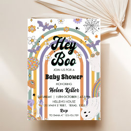 Invitación Hey Boo Groovy Rainbow Cute Halloween Baby Shower