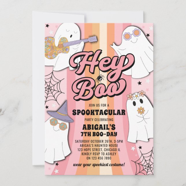 Invitación Hey Boo Groovy Retro Pink Halloween Chica Cumpleañ (Anverso)