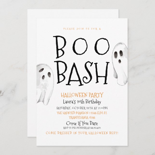 Invitación Hey Boo Halloween Fantasma Cumpleaños (Anverso / Reverso)