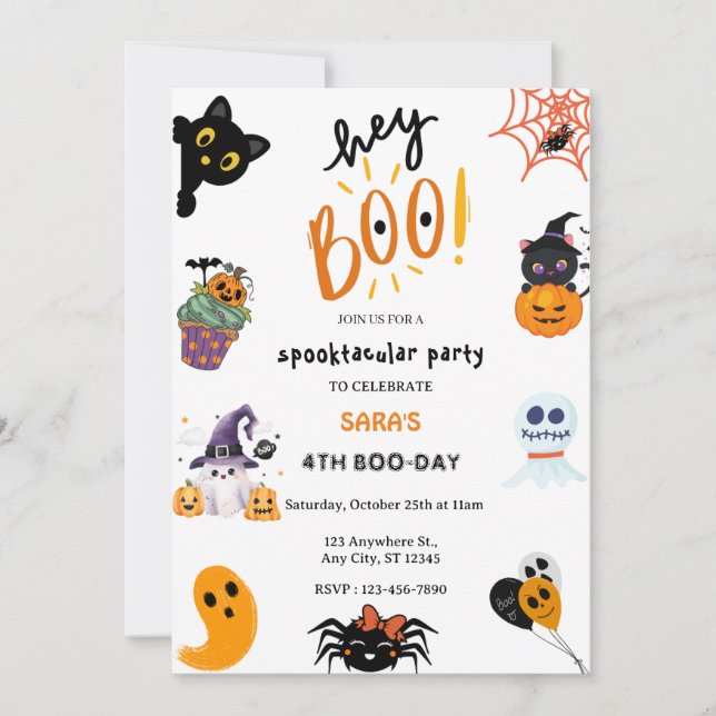Invitación ¡Hey Boo! Halloween Ghost Spooktacular Cumpleaños (Anverso)