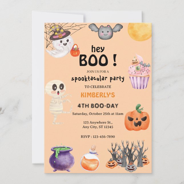 Invitación ¡Hey Boo! Halloween Ghost Spooktacular Cumpleaños (Anverso)