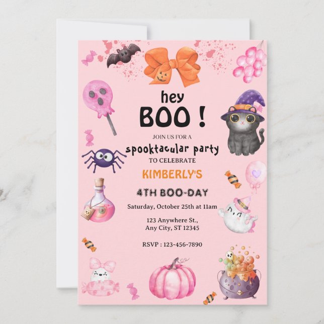 Invitación ¡Hey Boo! Halloween Ghost Spooktacular Cumpleaños (Anverso)