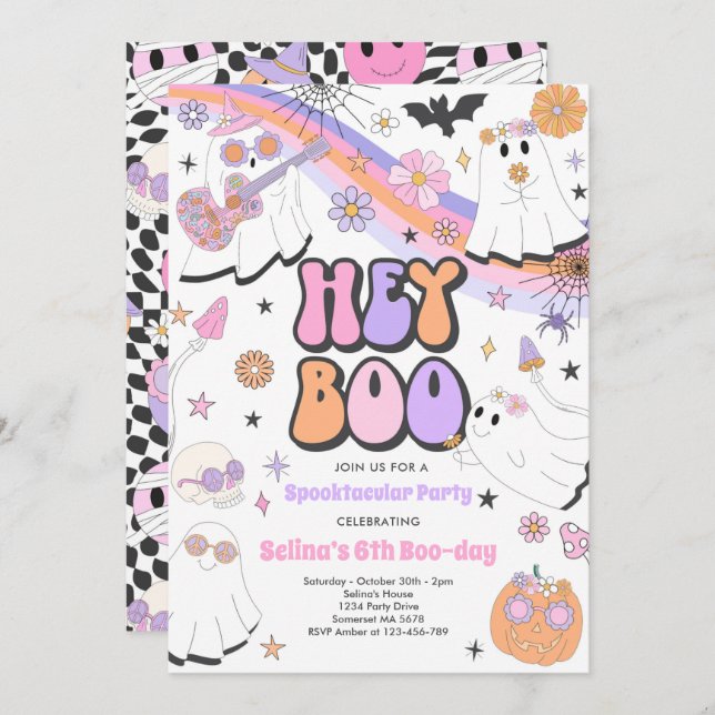 Invitación Hey Boo Halloween Groovy Cute Fantasma (Anverso / Reverso)