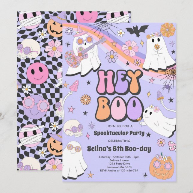 Invitación Hey Boo Halloween Groovy Cute Fantasma (Anverso / Reverso)