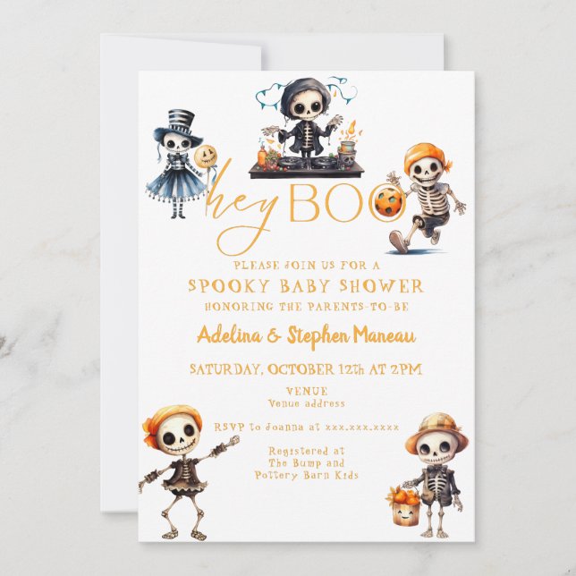 Invitación Hey Boo Halloween Spooky Moda disstume Baby Shower (Anverso)