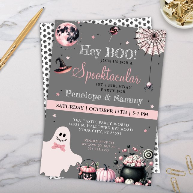 Invitación Hey Boo Pink Gray Girly Halloween fiesta de cumple (Spooktacular Halloween Birthday Party Costume Trick or Treat any Party Invitations for Girls)