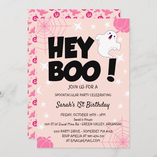 Invitación Hey Boo Pink Halloween Fantasma fiesta de cumpleañ (Anverso / Reverso)