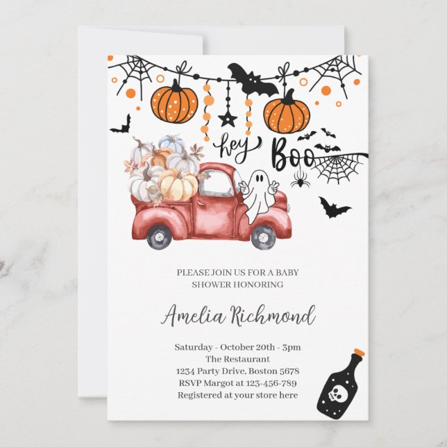 Invitación hey Boo Red Pumpkin Pickup Truck Baby Shower (Anverso)