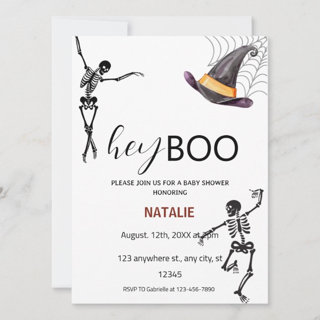 Invitación Hey Boo Skeleton Baby Shower (Anverso)