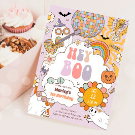Invitación Hey Boo Spooky Retro Halloween Party Chica Cumplea
