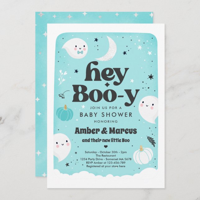 Invitación Hey Boo-y Blue Boy Ghost Baby Shower (Anverso / Reverso)