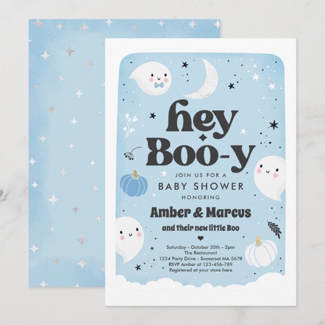 Invitación Hey Boo-y Blue Boy Ghost Baby Shower (Anverso / Reverso)
