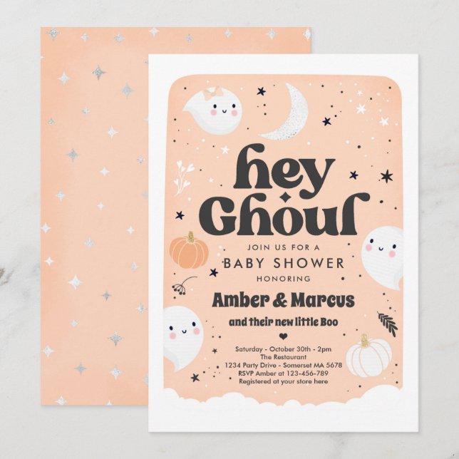 Invitación Hey Ghoul Peach Chica Ghost Baby Shower (Anverso / Reverso)