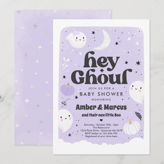 Invitación Hey Ghoul Purple Chica Ghost Baby Shower (Anverso / Reverso)