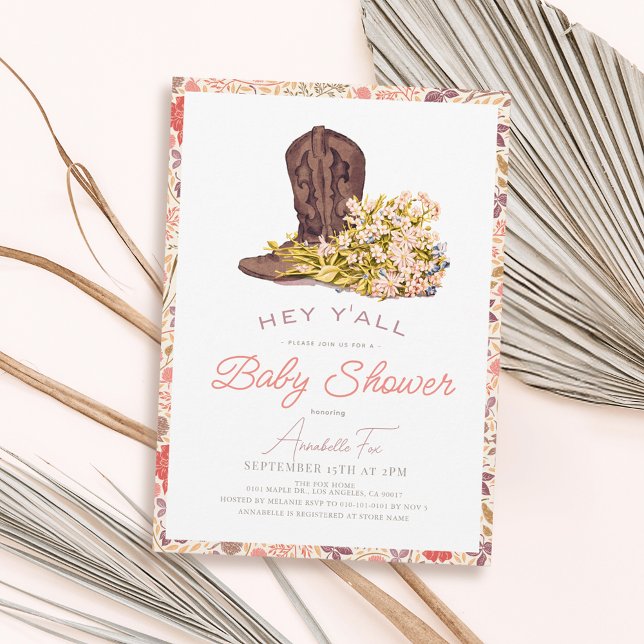 Invitación Hey Y'all Cowboy Boot & Bouquet Chica Baby Shower (Hey Y'all Cowboy Boot & Bouquet Cowgirl Baby Shower Collection)