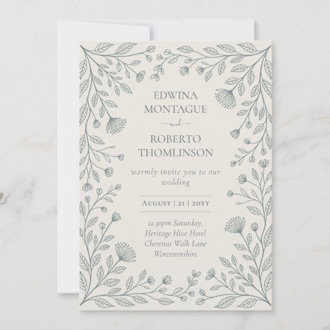 Invitación HHS Blue Floral Botanical Frame Elegant Wedding (Anverso)