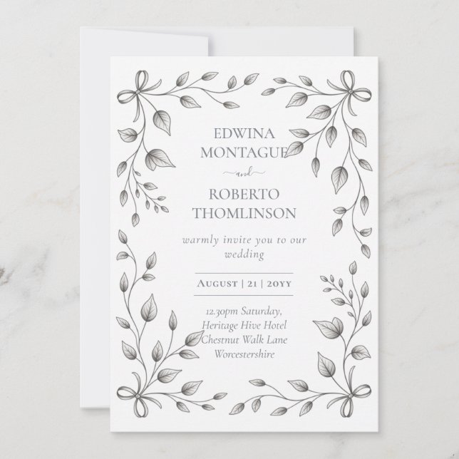 Invitación HHS Botanical Leaf and Ribbon Hand Drawn Wedding (Anverso)