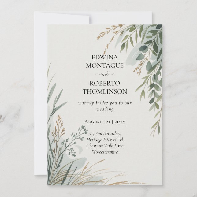 Invitación HHS Greenery Botanical Watercolor Elegant Wedding (Anverso)