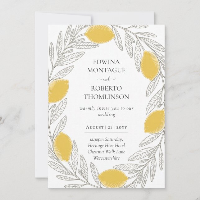 Invitación HHS Lemon Wreath Minimal Mediterranean Wedding (Anverso)