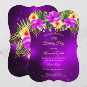 Invitación Hibisco Amarillo Purpura Floral Tropical Fiesta