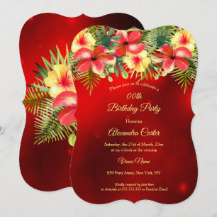 Invitación Hibisco Amarillo Rojo Floral Tropical Fiesta