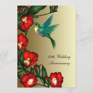 Invitación Hibisco Colibrí Dorado Aniversario de Bodas 50