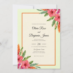 Invitación Hibisco Coral Tropical Eucalipto Boda