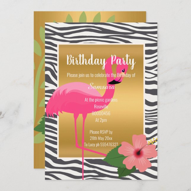 INVITACIÓN HIBISCO DE FLAMINGO BRILLANTE NEGRO ZEBRA PATRONAD (Anverso / Reverso)