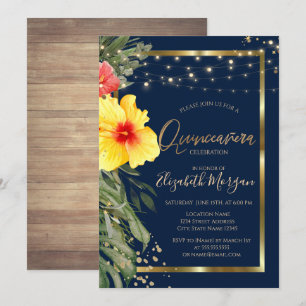 Invitación Hibisco de hoja de palma, Luces, Madera, Quinceañe