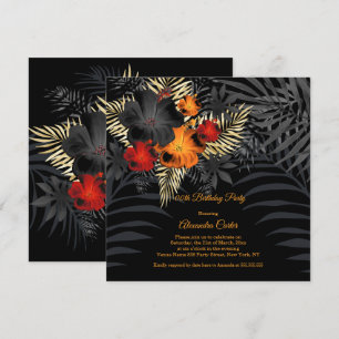 Invitación Hibisco Floral Naranja Rojo Negro Cumpleaños