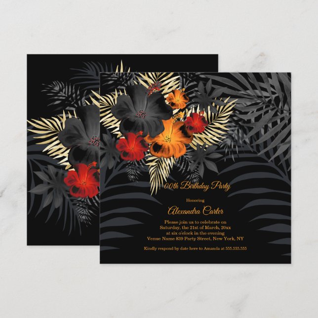 Invitación Hibisco Floral Naranja Rojo Negro Cumpleaños (Anverso / Reverso)