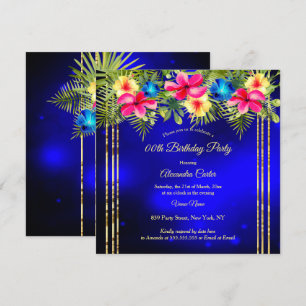 Invitación Hibisco Floral Tropical Rosa Azul Amarillo Fiesta