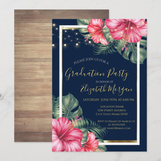 Invitación Hibisco, Luces, Madera, Fiesta de Graduación con M (Anverso / Reverso)