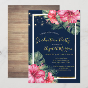 Invitación Hibisco, Luces, Madera, Fiesta de Graduación con M